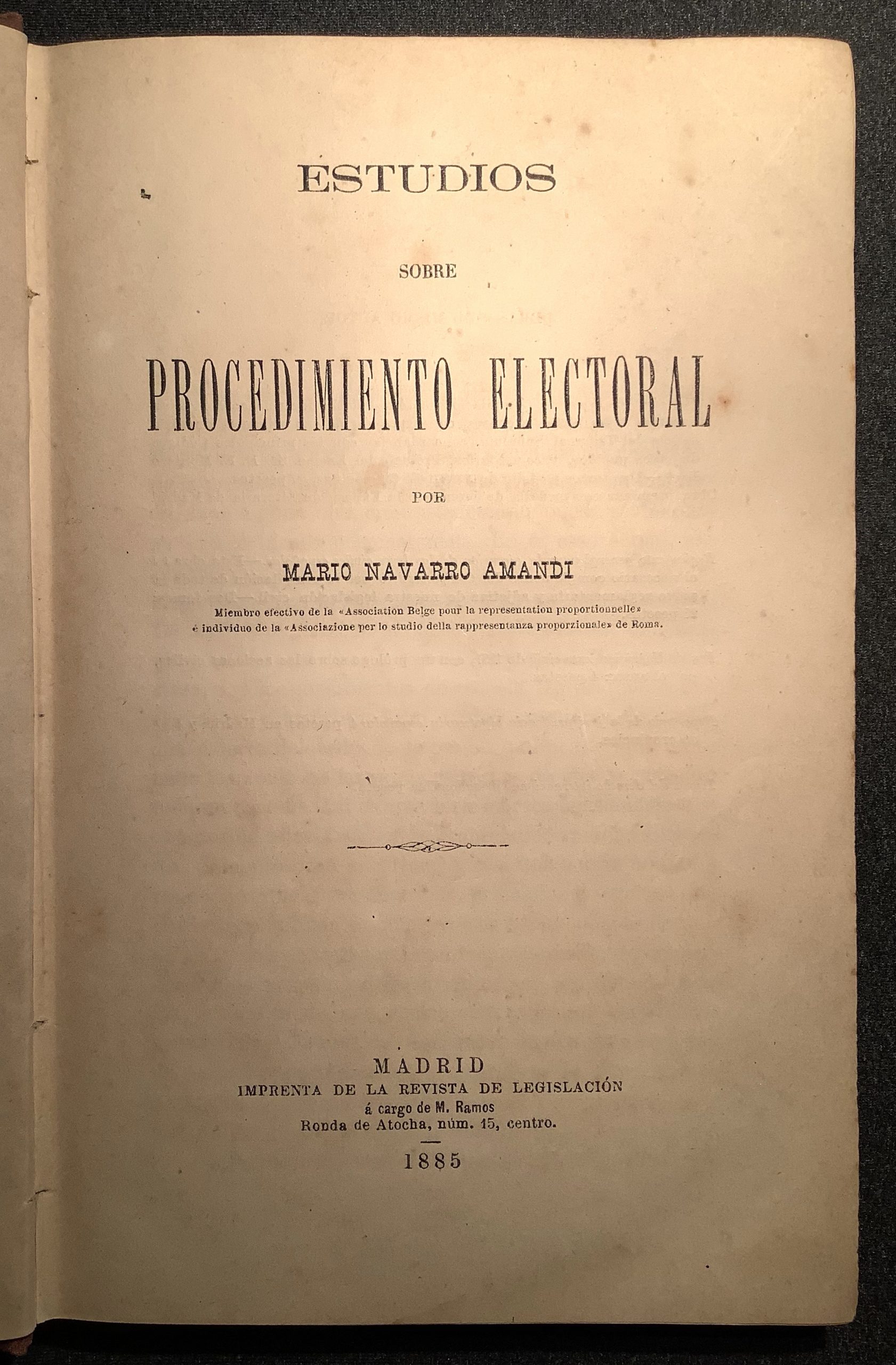 Portada dels Estudios sobre sobre Procedimiento Electoral, de Mario Navarro Amandi 1885