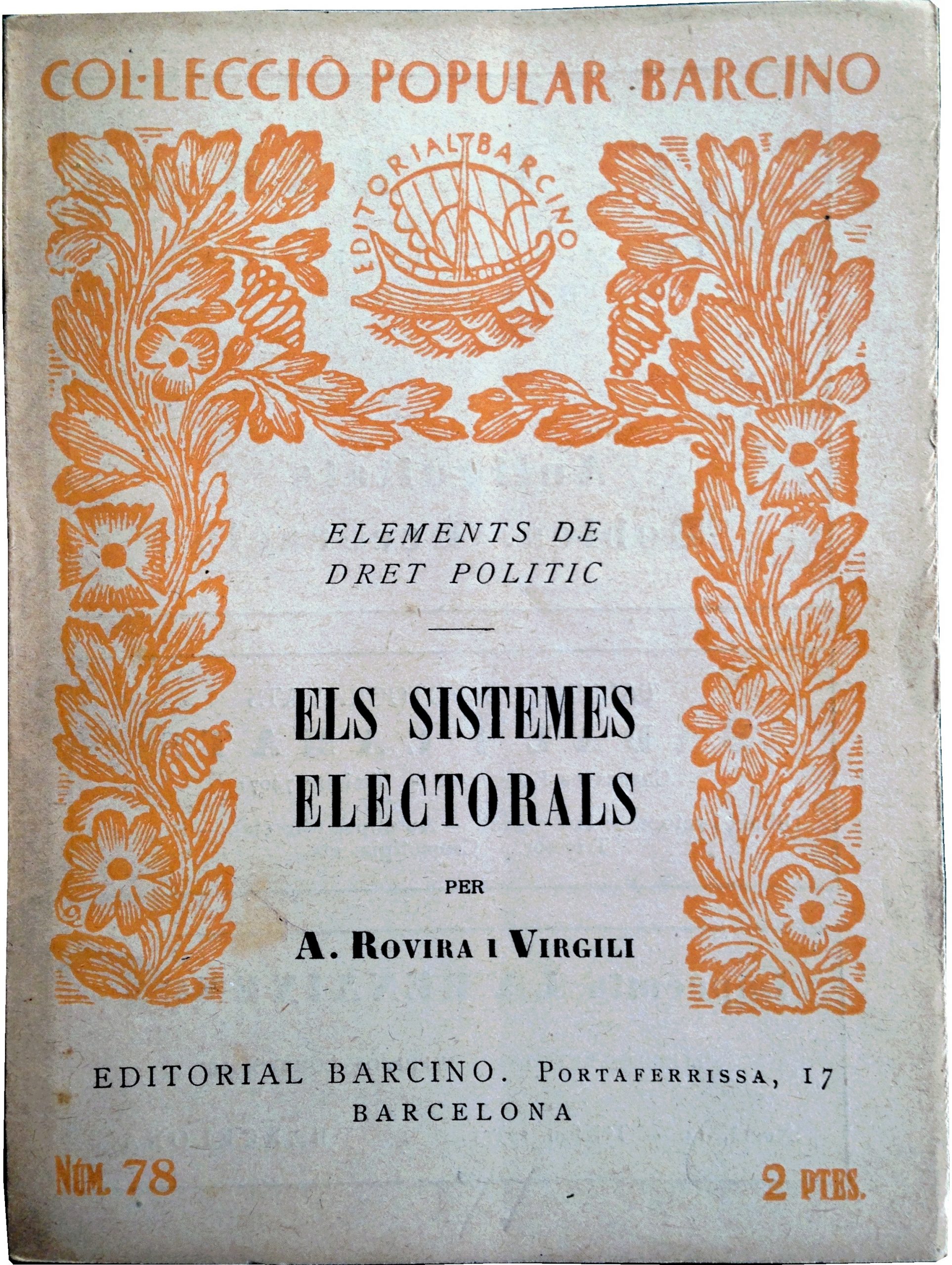 Portada de la obra Sistemes Electorals, d'Antoni Rovira i Virgili, 1932