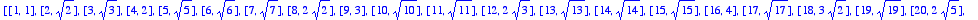 [[1, 1], [2, sqrt(2)], [3, sqrt(3)], [4, 2], [5, sq...